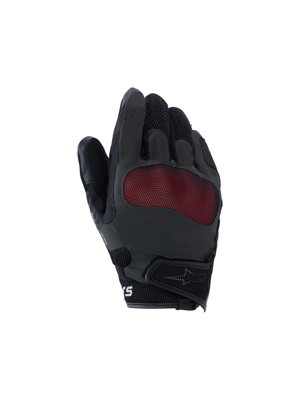 Alpinestars Mogress Airflow Gloves, guanti da moto, neri e rossi, vista del dorso con protezione delle nocche in rete rossa, pannelli in mesh 3D traspirante, design a polsino corto con cinturino a strappo, stile urban riding