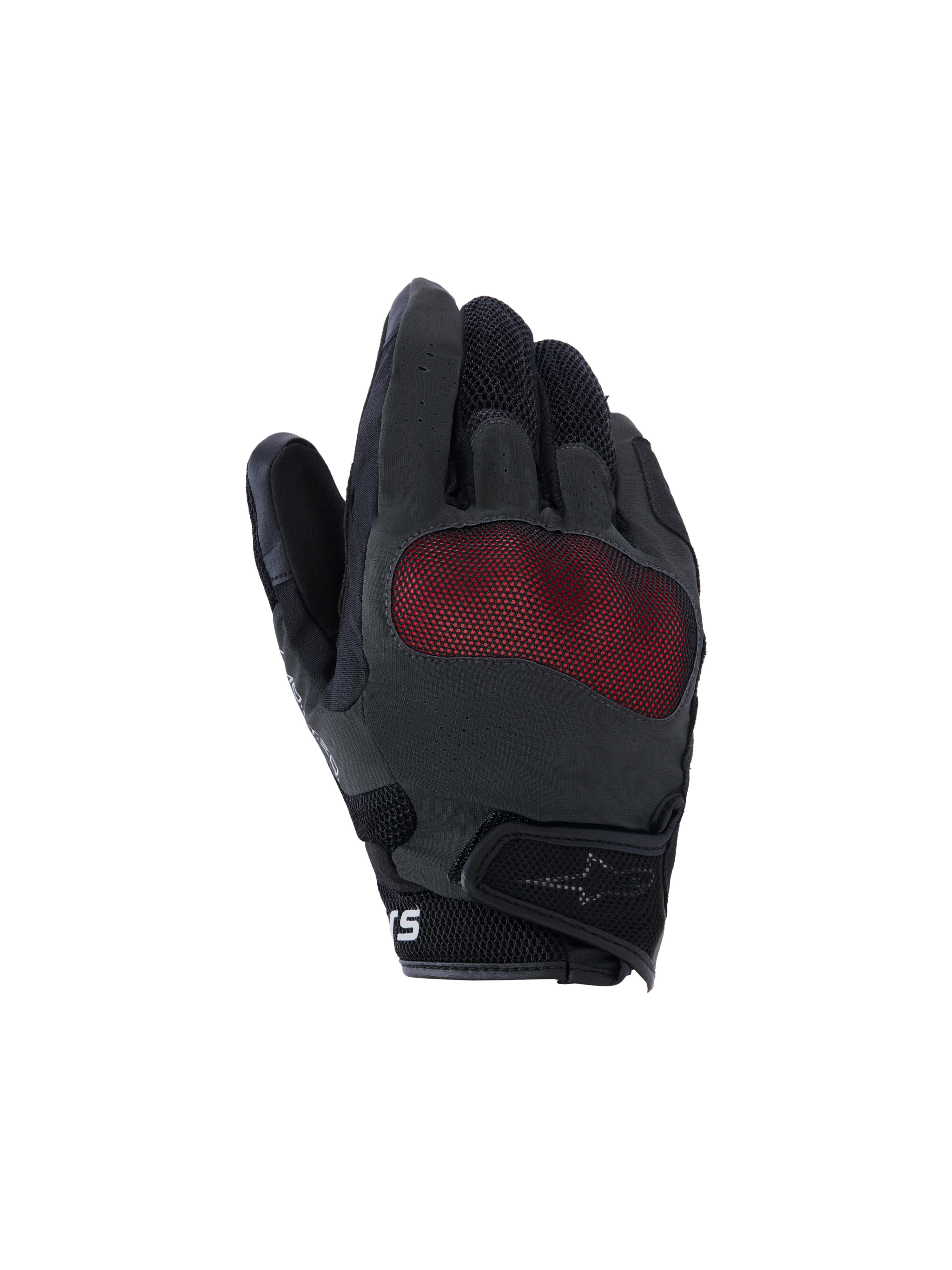 Alpinestars Mogress Airflow Gloves, guanti da moto, neri e rossi, vista del dorso con protezione delle nocche in rete rossa, pannelli in mesh 3D traspirante, design a polsino corto con cinturino a strappo, stile urban riding