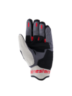 Guanti Alpinestars Mogress Airflow, guanti da moto urban, nero, rosso fiamma e ecru, vista del palmo con rinforzi in scamosciato sintetico, inserti grip in silicone rosso sulle dita e pannelli in mesh traspirante su pollice e polsino.