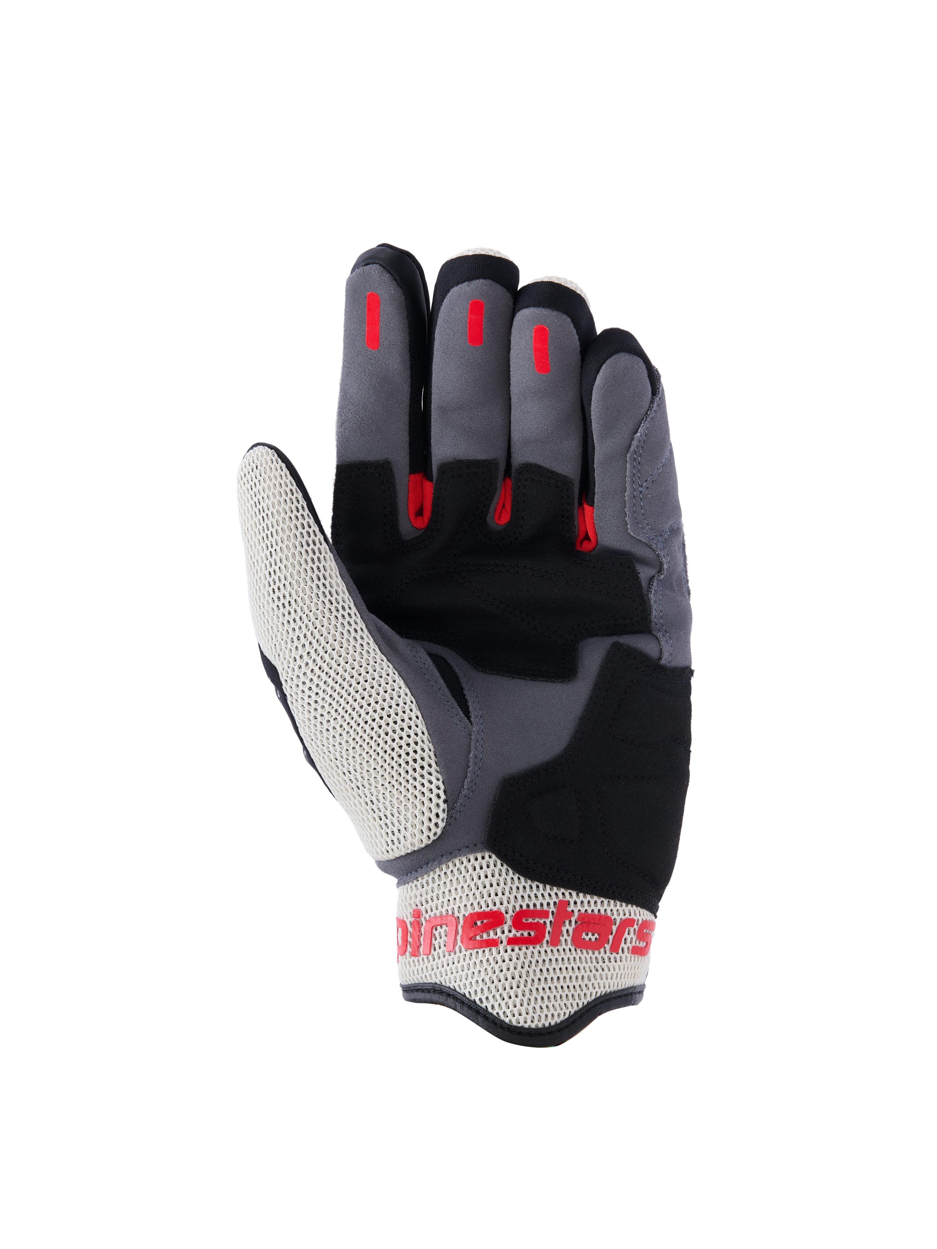 Guanti Alpinestars Mogress Airflow, guanti da moto urban, nero, rosso fiamma e ecru, vista del palmo con rinforzi in scamosciato sintetico, inserti grip in silicone rosso sulle dita e pannelli in mesh traspirante su pollice e polsino.