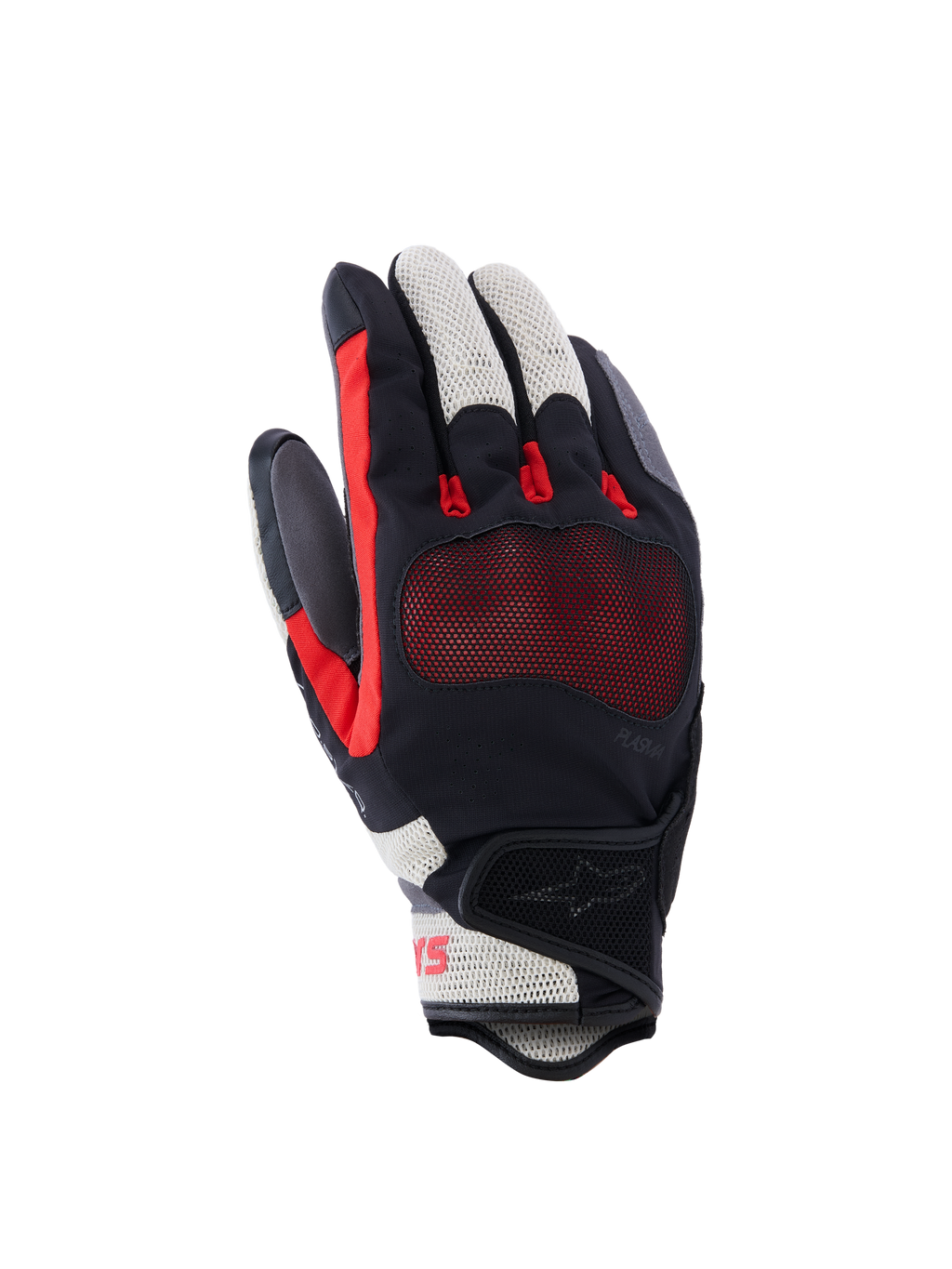 Guanti Alpinestars Mogress Airflow, guanti da moto, nero, rosso e bianco ecru, caratterizzati da dorso traforato al laser con inserti in mesh 3D, protezione nocche trasparente, design a polsino corto, abbigliamento urbano estivo