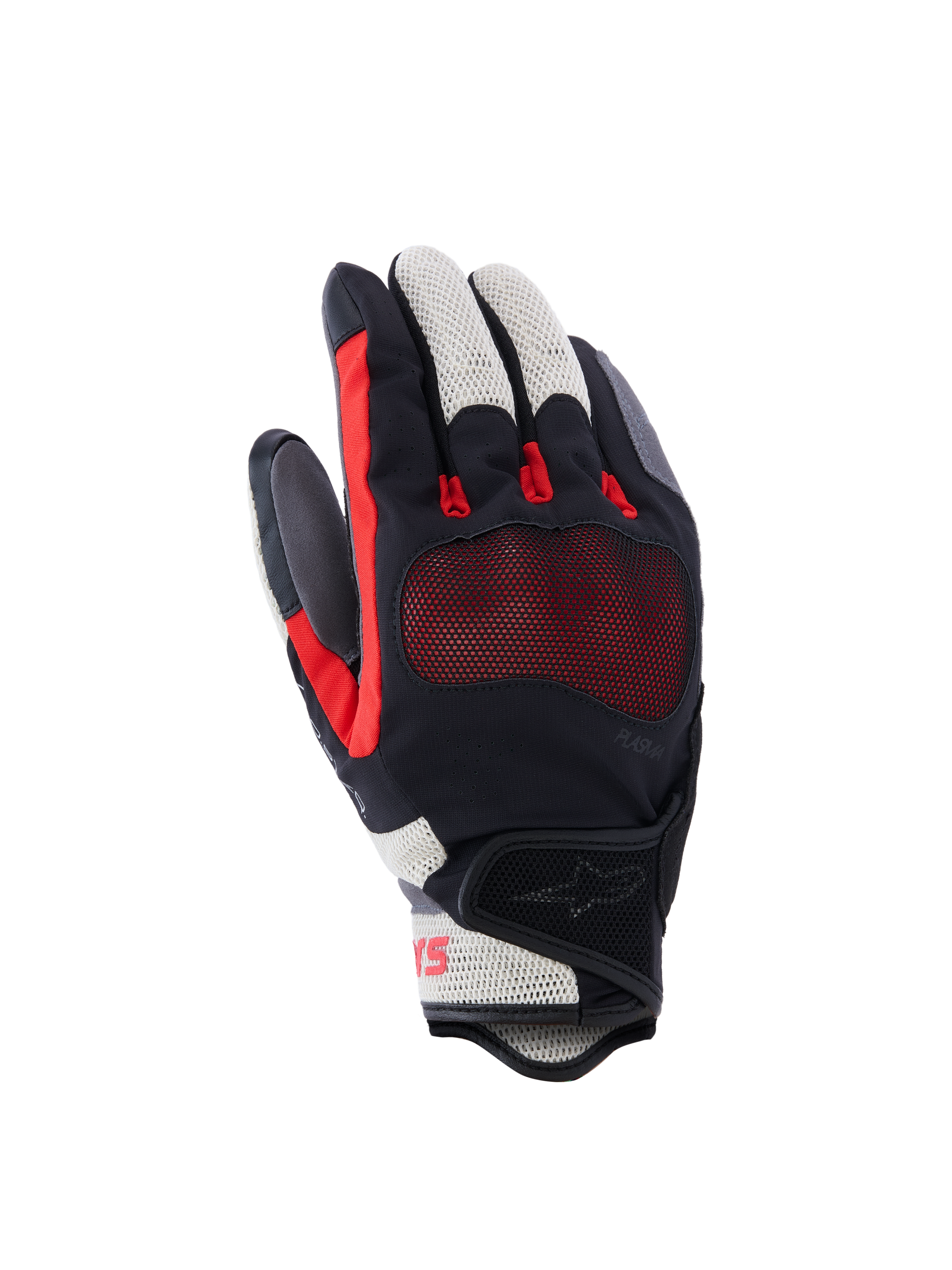 Guanti Alpinestars Mogress Airflow, guanti da moto, nero, rosso e bianco ecru, caratterizzati da dorso traforato al laser con inserti in mesh 3D, protezione nocche trasparente, design a polsino corto, abbigliamento urbano estivo