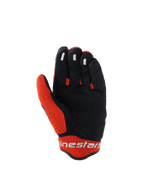 Guanti Alpinestars Mogress Airflow, guanti da moto, nero e arancione, vista del palmo con costruzione sintetica nera e inserti in mesh arancione, grip in silicone sulla punta delle dita, logo Alpinestars bianco sul polsino, design per la guida urbana estiva
