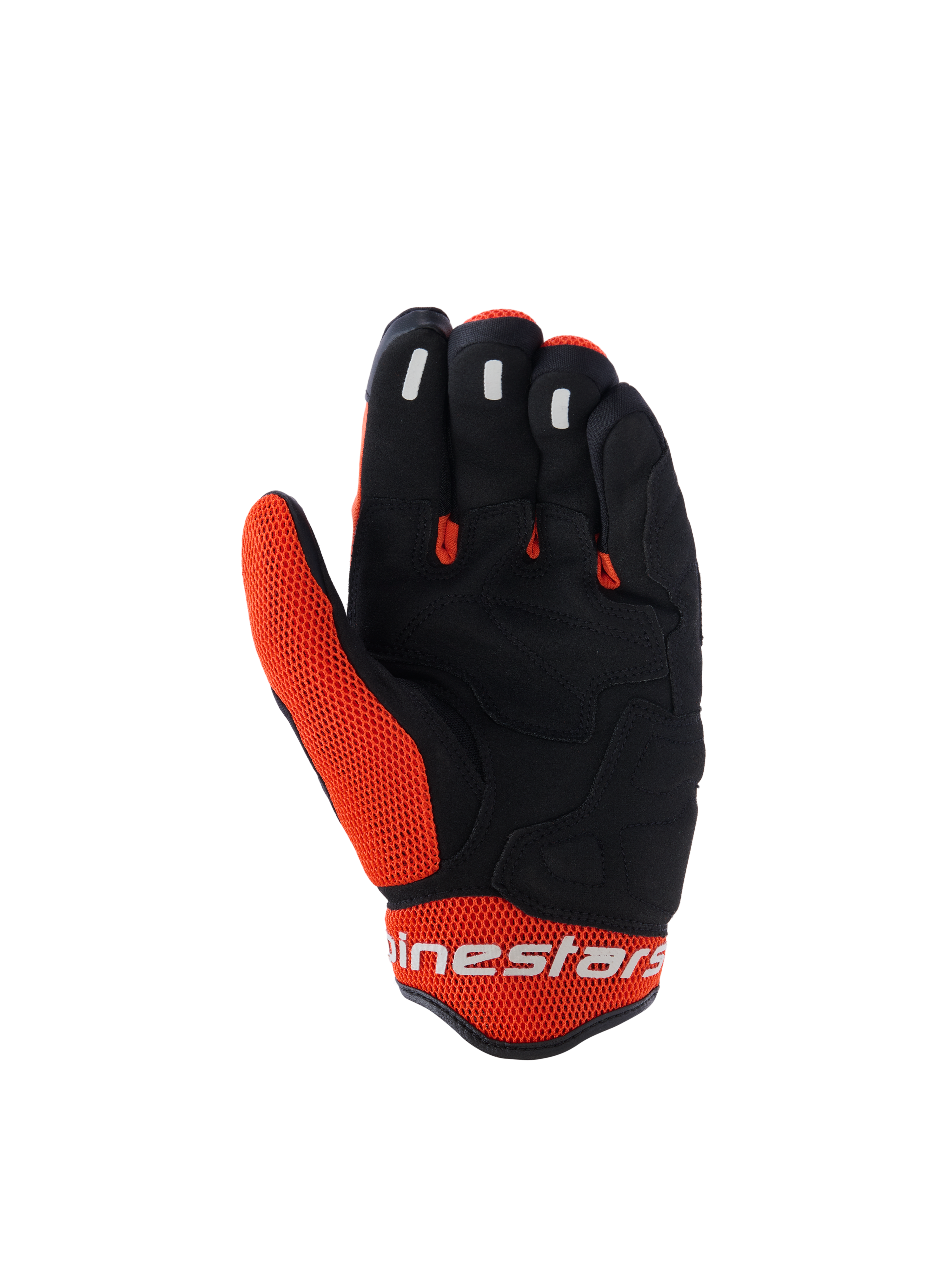 Guanti Alpinestars Mogress Airflow, guanti da moto, nero e arancione, vista del palmo con costruzione sintetica nera e inserti in mesh arancione, grip in silicone sulla punta delle dita, logo Alpinestars bianco sul polsino, design per la guida urbana estiva