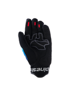 Guanti Alpinestars Mogress Airflow, guanti da moto urban, Fading Blue Black, vista del palmo in pelle sintetica rinforzata con cuciture bianche a contrasto, inserti grip in silicone rosso sulle punte delle dita e polsino in mesh 3D nero con logo bianco.