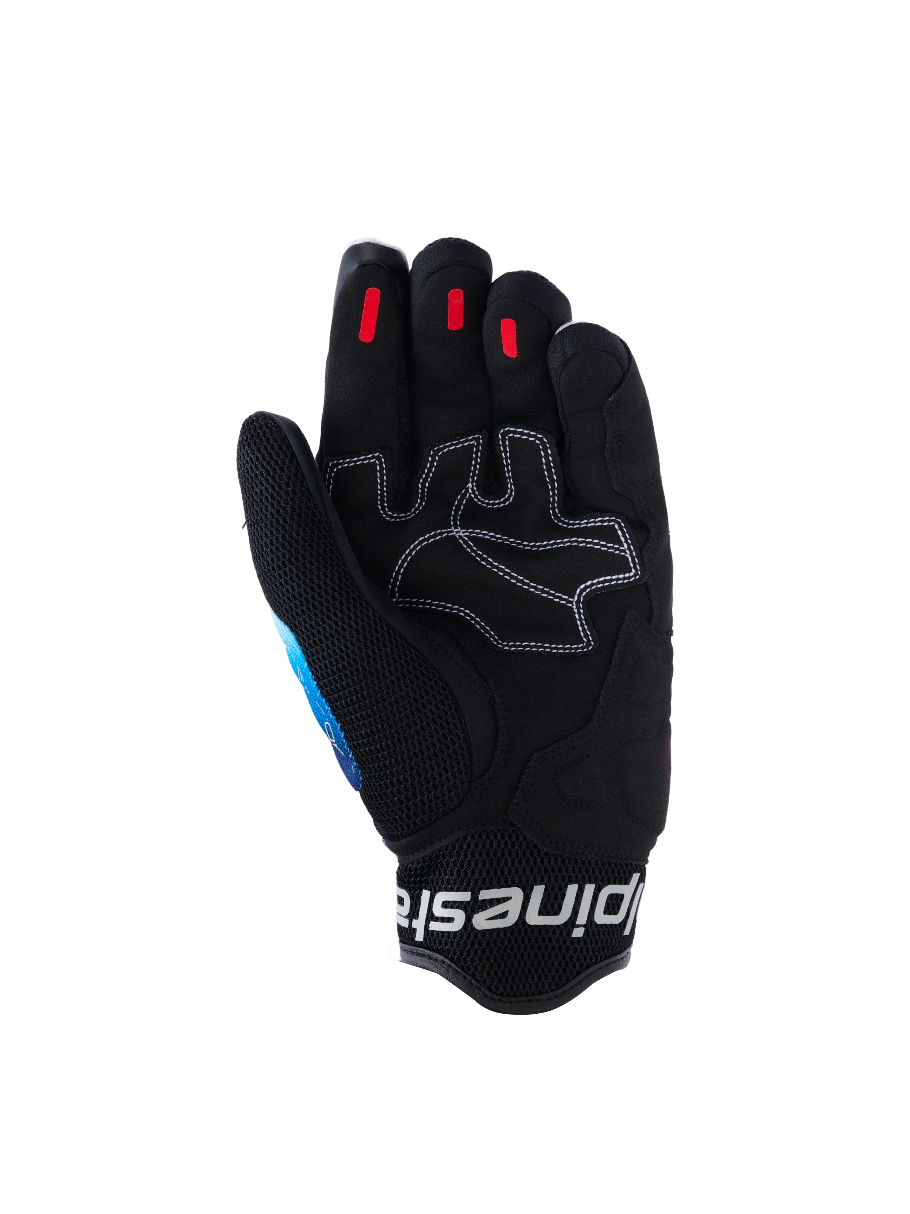 Guanti Alpinestars Mogress Airflow, guanti da moto urban, Fading Blue Black, vista del palmo in pelle sintetica rinforzata con cuciture bianche a contrasto, inserti grip in silicone rosso sulle punte delle dita e polsino in mesh 3D nero con logo bianco.