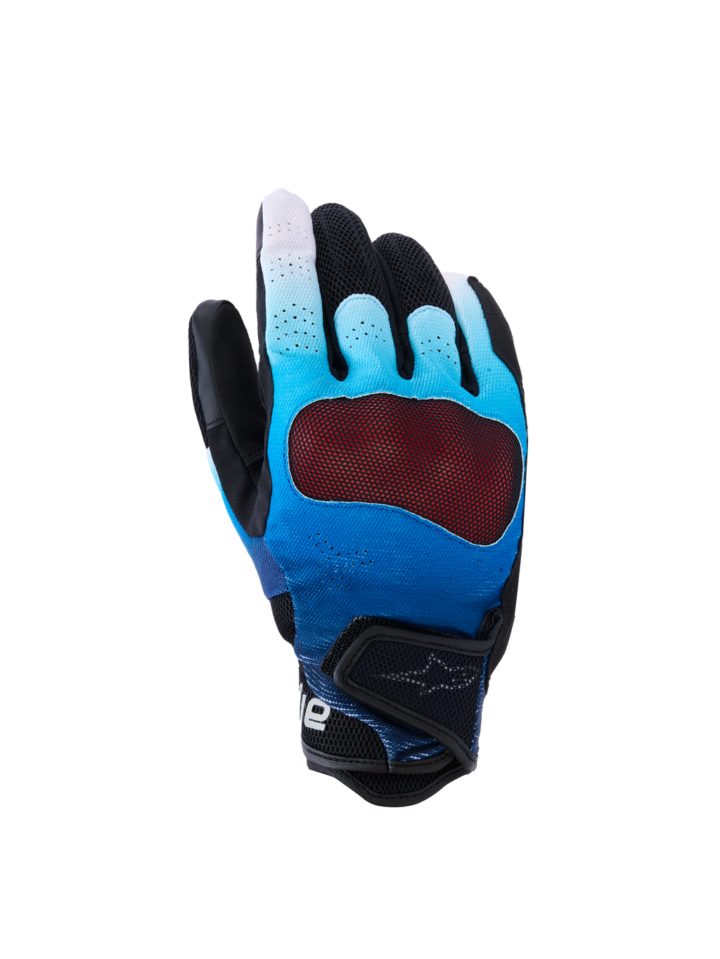 Alpinestars Mogress Airflow Gloves, guanti da moto, blu sfumato e nero, con protezione nocche rossa trasparente, dorso traforato traspirante con pannelli in mesh 3D, polsino corto con cinturino regolabile, design per guida urbana