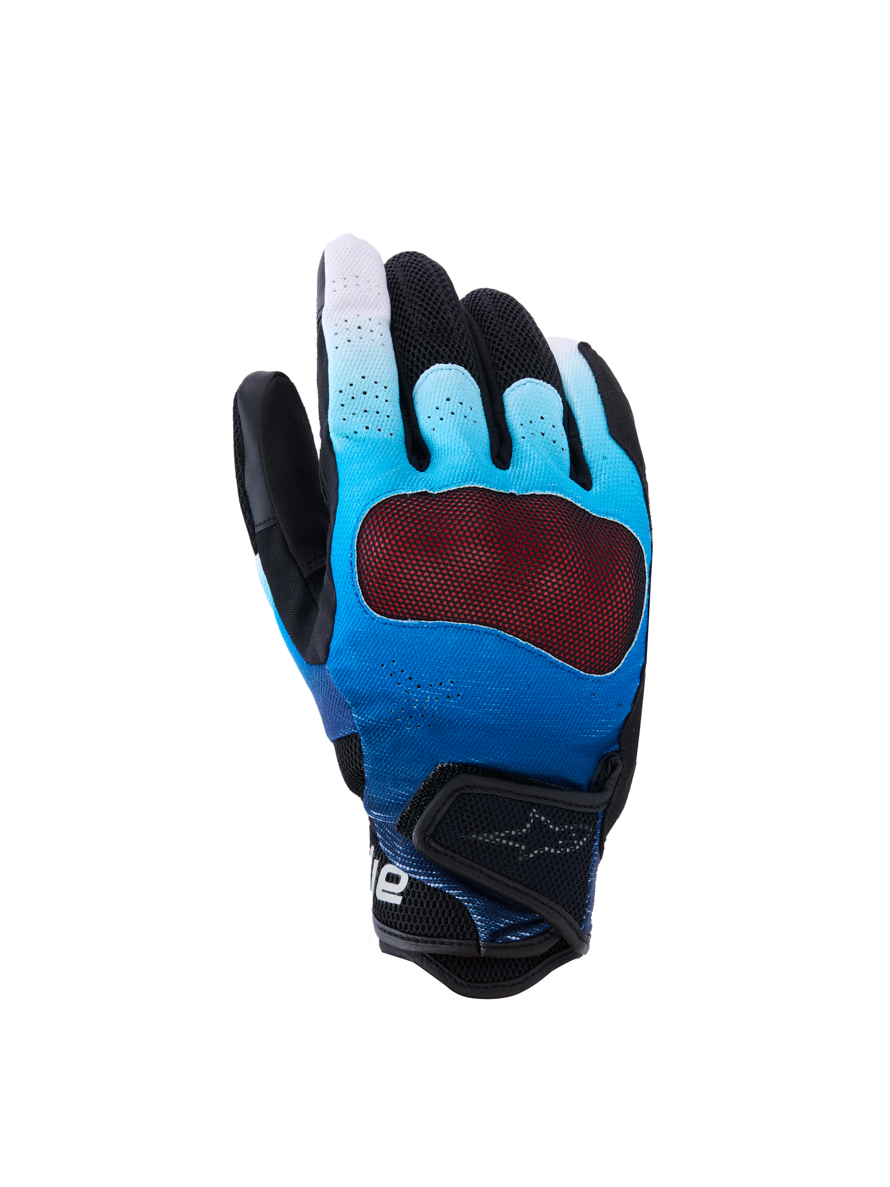 Alpinestars Mogress Airflow Gloves, guanti da moto, blu sfumato e nero, con protezione nocche rossa trasparente, dorso traforato traspirante con pannelli in mesh 3D, polsino corto con cinturino regolabile, design per guida urbana
