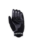 Guanti Alpinestars Mogress Airflow, guanti da moto urban, Aluminum Black e grigio, vista del palmo con rinforzi sintetici e cuciture a contrasto bianche, zone di grip in silicone sulle dita e polsino in mesh 3D traspirante con marchio Alpinestars bianco.