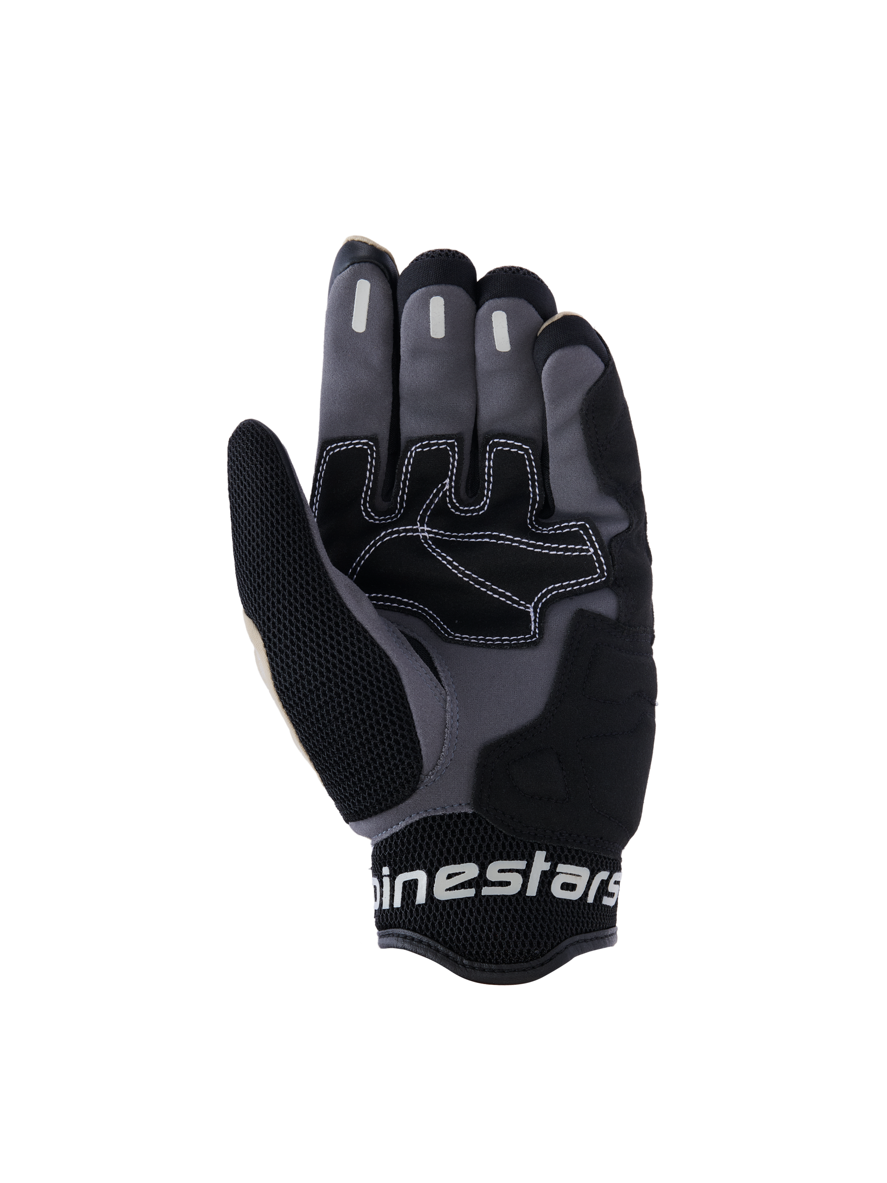 Guanti Alpinestars Mogress Airflow, guanti da moto urban, Aluminum Black e grigio, vista del palmo con rinforzi sintetici e cuciture a contrasto bianche, zone di grip in silicone sulle dita e polsino in mesh 3D traspirante con marchio Alpinestars bianco.