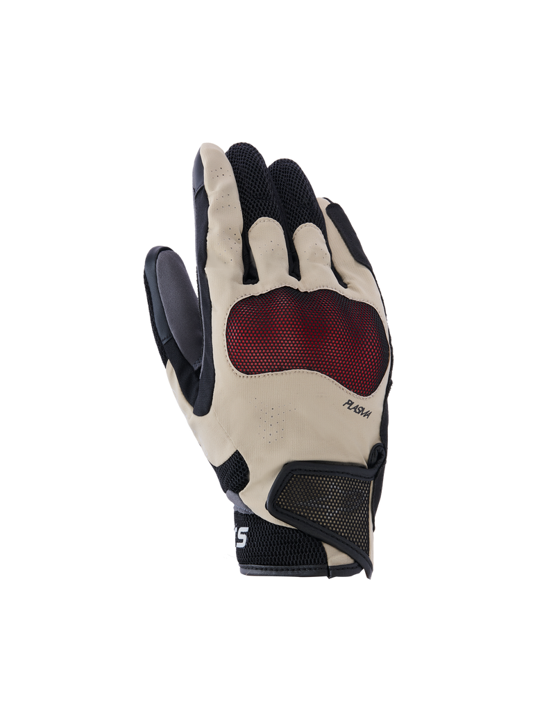 Alpinestars Mogress Airflow Gloves, guanti da moto beige, neri e rossi, con area rossa testurizzata sul palmo, dita nere e beige perforate per traspirabilità, polso in mesh nero con logo e cinturino in velcro, design sportivo ed ergonomico