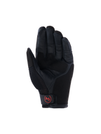 Alpinestars Manti Air Gloves, guanti da moto adventure, nero, vista del palmo con palmo in pelle rinforzata, mesh traspirante sul pollice e logo 'AS' circolare rosso sulla chiusura del polso.