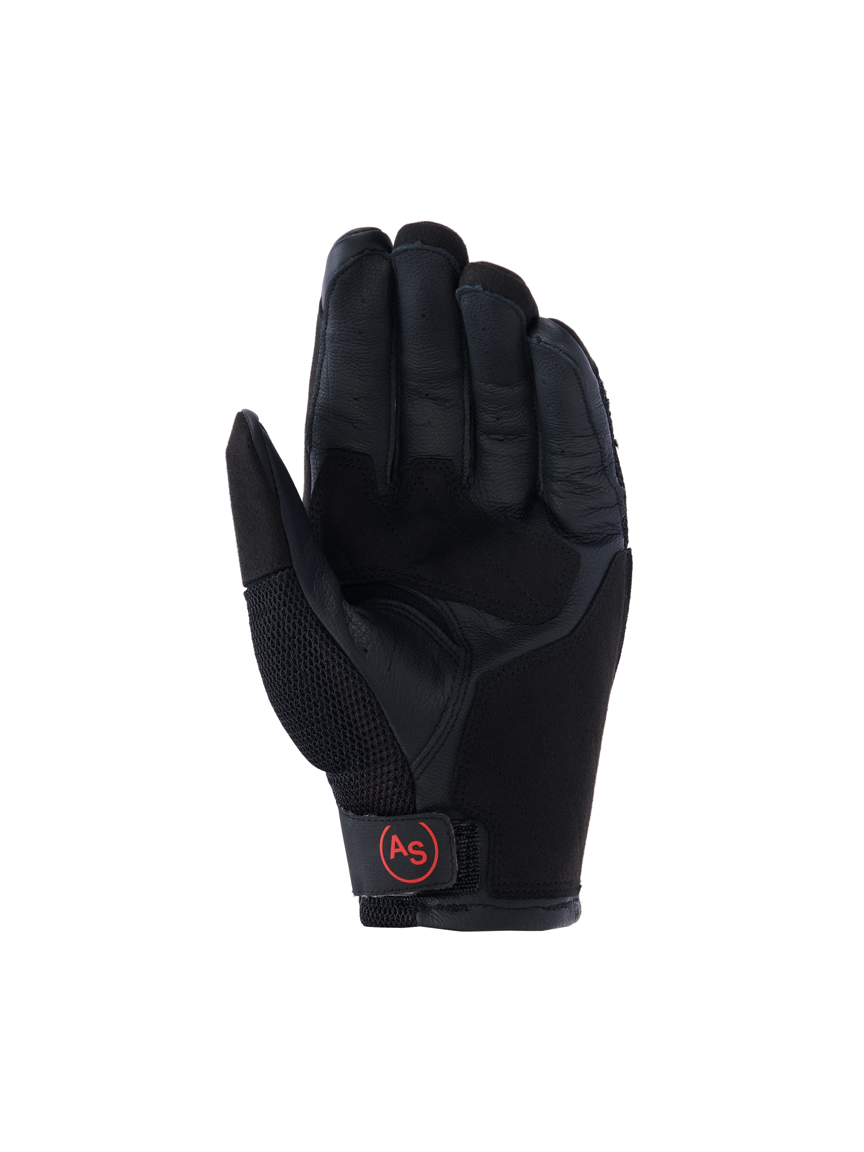 Alpinestars Manti Air Gloves, guanti da moto adventure, nero, vista del palmo con palmo in pelle rinforzata, mesh traspirante sul pollice e logo 'AS' circolare rosso sulla chiusura del polso.