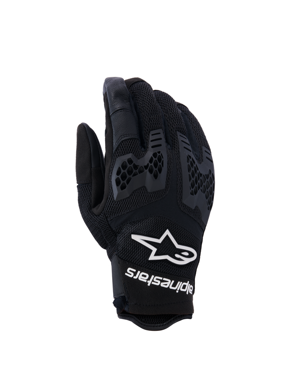 Guanti Alpinestars Manti Air, guanti da moto neri, con mesh traspirante e protezione nocche a nido d'ape testurizzata, logo e scritta Alpinestars bianchi sul polso, design leggero per guida adventure estiva