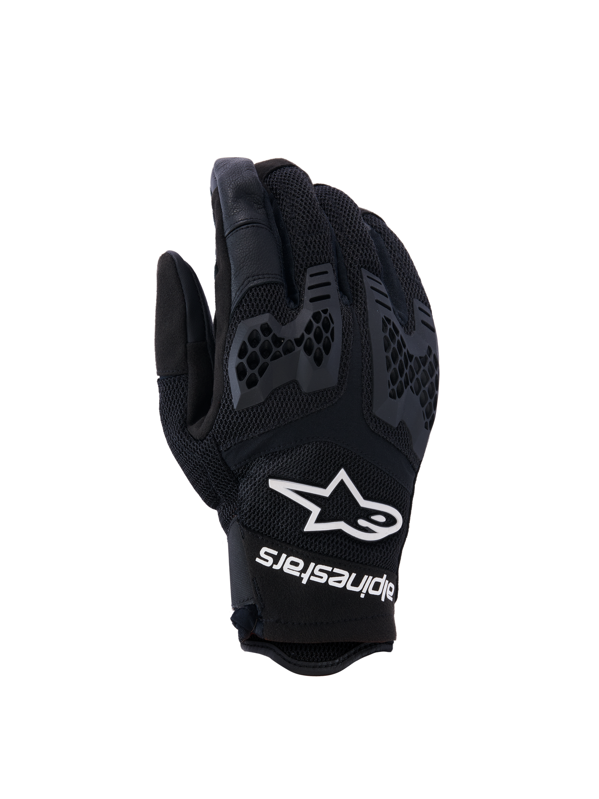 Alpinestars Manti Air Gloves, guanti da moto neri con protezioni rigide sulle nocche, logo bianco con stella, superficie texturizzata, chiusura al polso con cinturino, design ergonomico sportivo