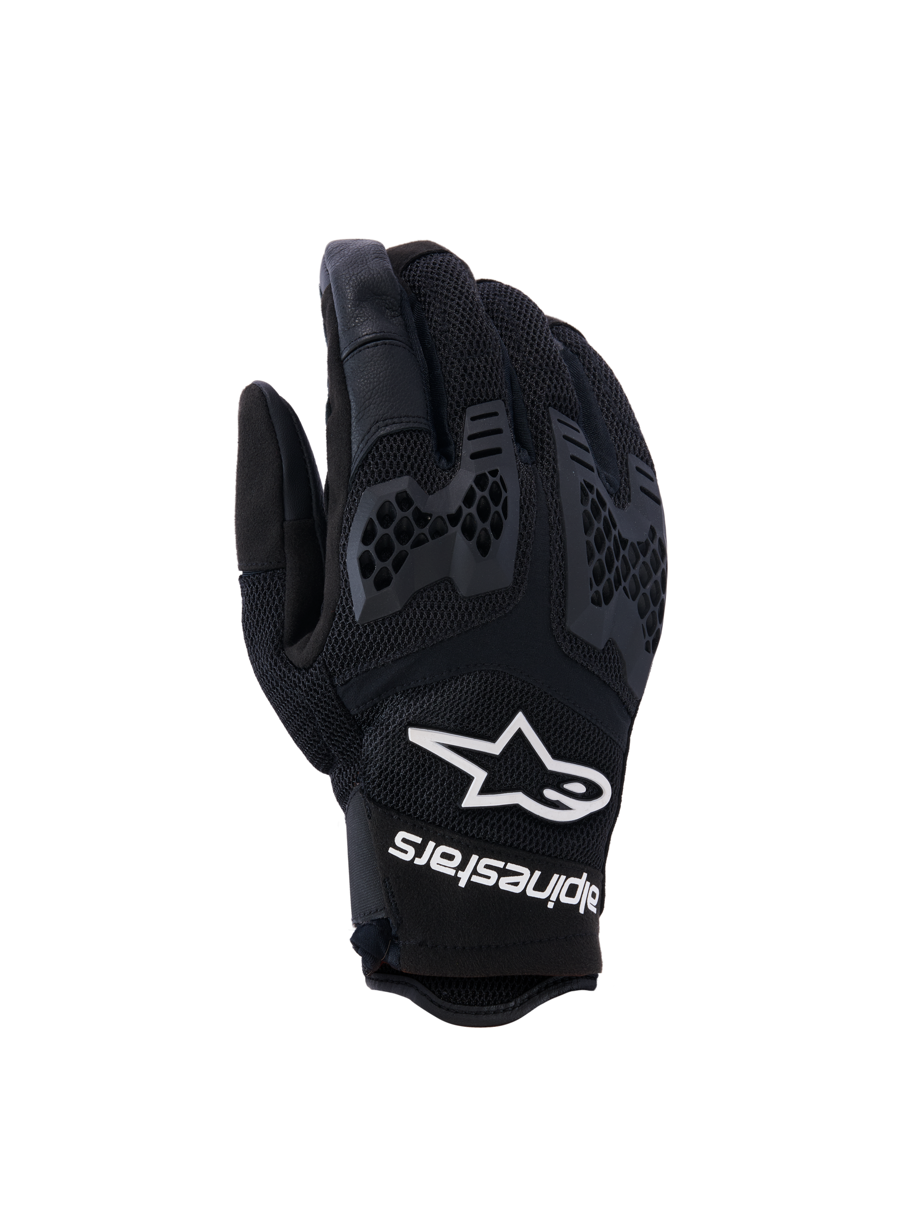Guanti Alpinestars Manti Air, guanti da moto neri, con mesh traspirante e protezione nocche a nido d'ape testurizzata, logo e scritta Alpinestars bianchi sul polso, design leggero per guida adventure estiva