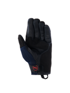 Guanti Alpinestars Manti Air, guanti da moto, blu scuro e nero, vista del palmo in pelle con dita traforate, pannelli laterali in mesh e logo AS circolare rosso sul cinturino del polso, equipaggiamento da guida adventure