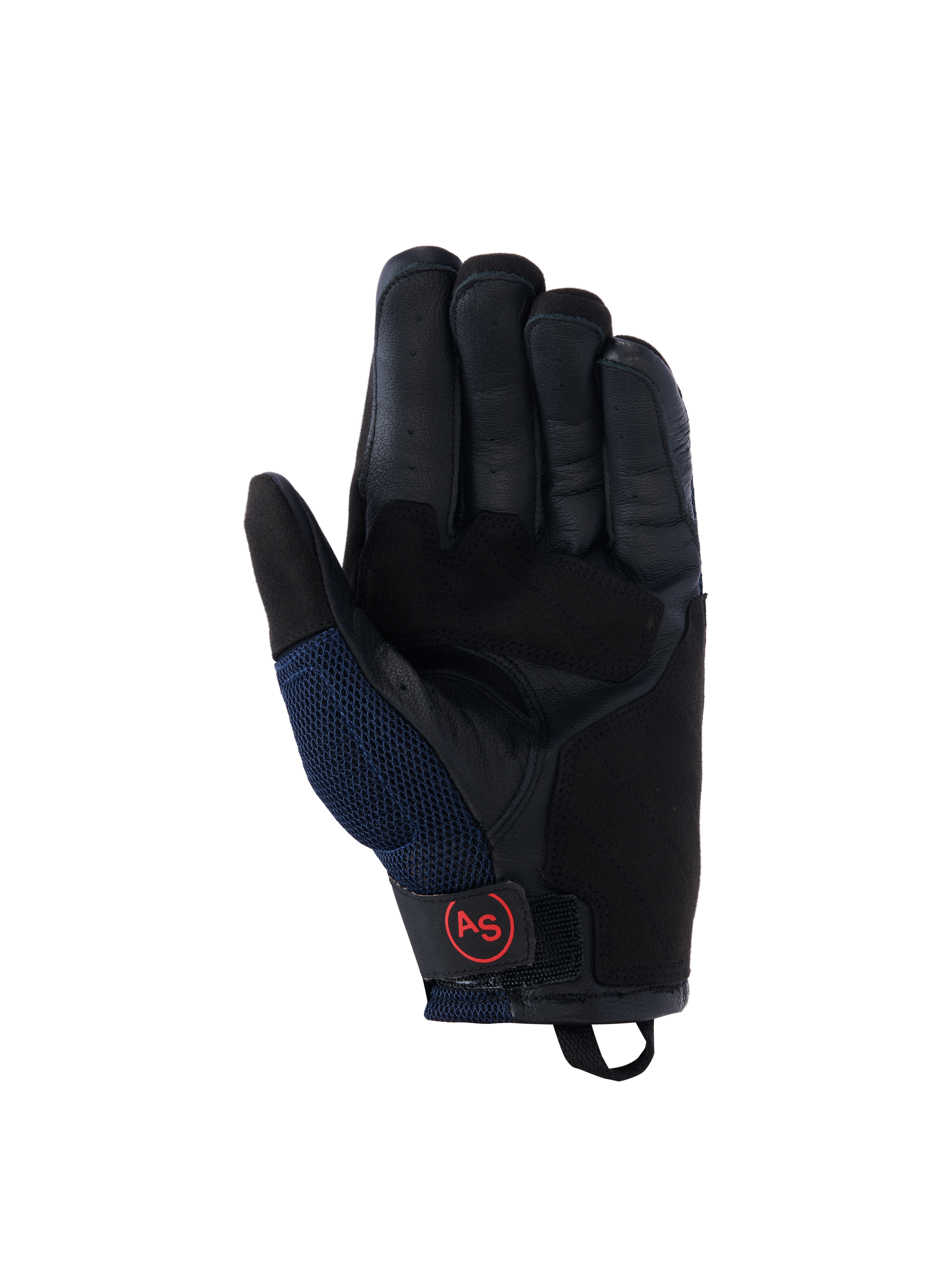 Guanti Alpinestars Manti Air, guanti da moto, blu scuro e nero, vista del palmo in pelle con dita traforate, pannelli laterali in mesh e logo AS circolare rosso sul cinturino del polso, equipaggiamento da guida adventure