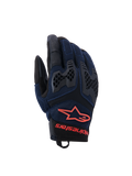 Alpinestars Manti Air Gloves, guanti da moto, blu profondo e nero con accenti rosso fluo, con costruzione in mesh traspirante e protezione delle nocche in TPU a nido d'ape, logo a stella e marchio Alpinestars sul polso, progettati per la guida adventure estiva