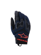 Alpinestars Manti Air Gloves, guanti da moto, blu profondo e nero con accenti rosso fluo, con costruzione in mesh traspirante e protezione delle nocche in TPU a nido d'ape, logo a stella e marchio Alpinestars sul polso, progettati per la guida adventure estiva