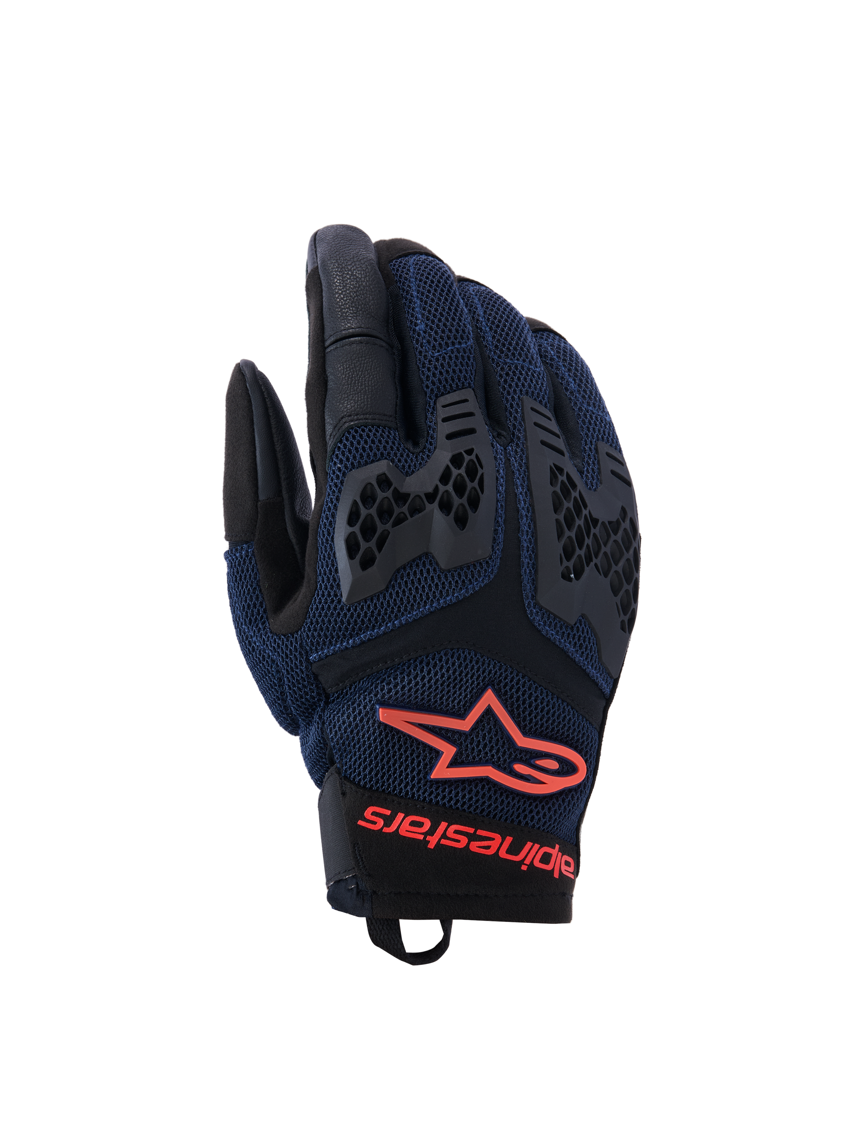 Alpinestars Manti Air Gloves, guanti da moto, blu profondo e nero con accenti rosso fluo, con costruzione in mesh traspirante e protezione delle nocche in TPU a nido d'ape, logo a stella e marchio Alpinestars sul polso, progettati per la guida adventure estiva