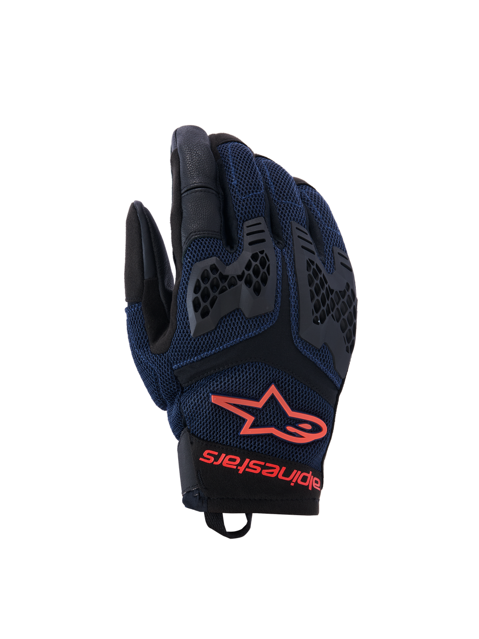 Alpinestars Manti Air Gloves, guanti da moto, blu profondo e nero con accenti rosso fluo, con costruzione in mesh traspirante e protezione delle nocche in TPU a nido d'ape, logo a stella e marchio Alpinestars sul polso, progettati per la guida adventure estiva