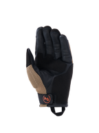 Guanti Alpinestars Manti Air, guanti da moto, Dark Khaki e nero con dettagli arancione fluo, vista del palmo con costruzione in pelle scamosciata sintetica, cuciture esterne, inserti in mesh traspirante e cinturino da polso nero con logo AS circolare arancione.
