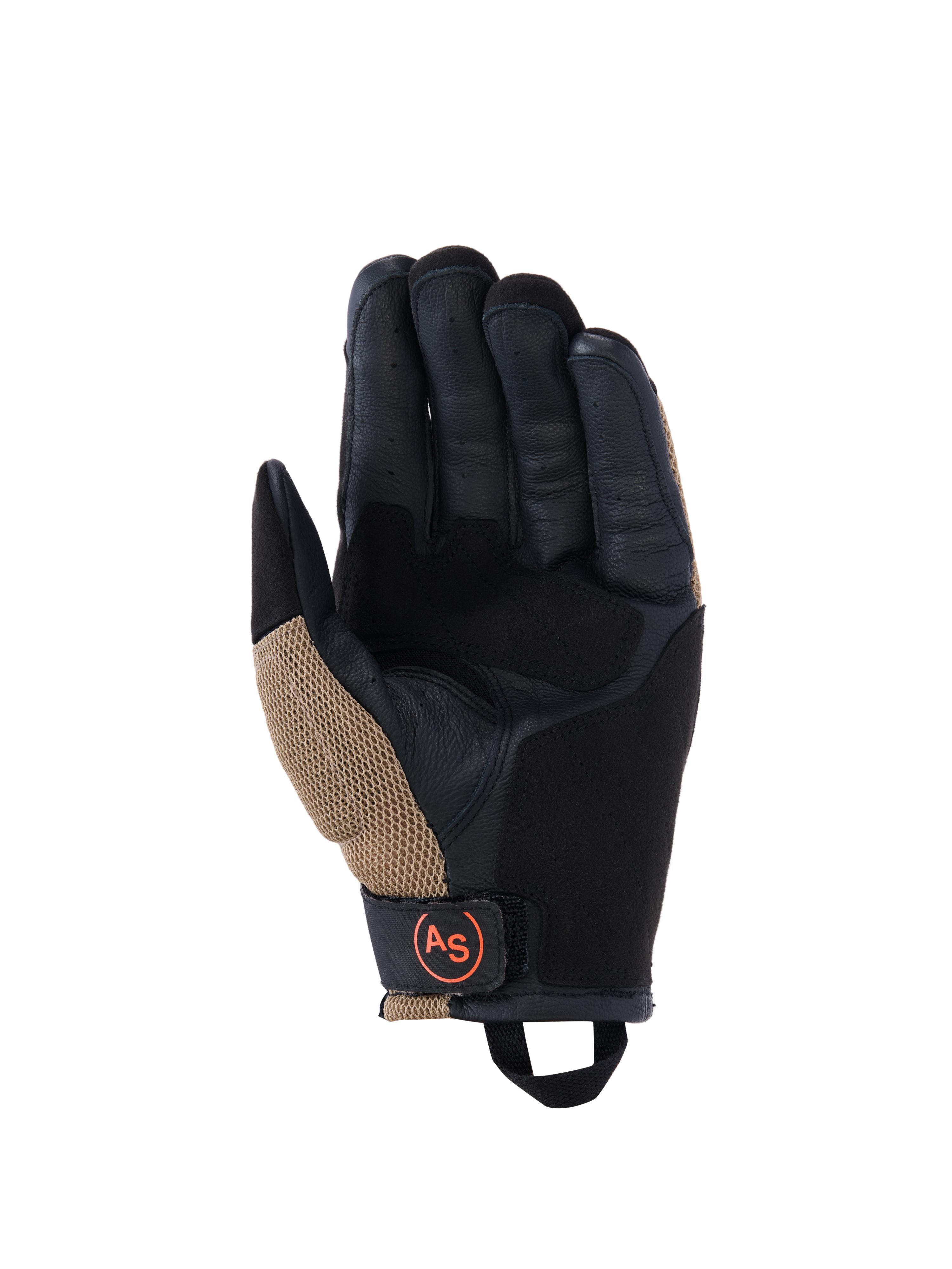 Guanti Alpinestars Manti Air, guanti da moto, Dark Khaki e nero con dettagli arancione fluo, vista del palmo con costruzione in pelle scamosciata sintetica, cuciture esterne, inserti in mesh traspirante e cinturino da polso nero con logo AS circolare arancione.