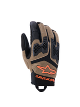 Alpinestars Manti Air Gloves, guanti da motocross, nero e marrone, tessuto mesh traspirante con inserti imbottiti, grip esagonali sulle dita, logo arancione, chiusura in velcro, protezione e flessibilità