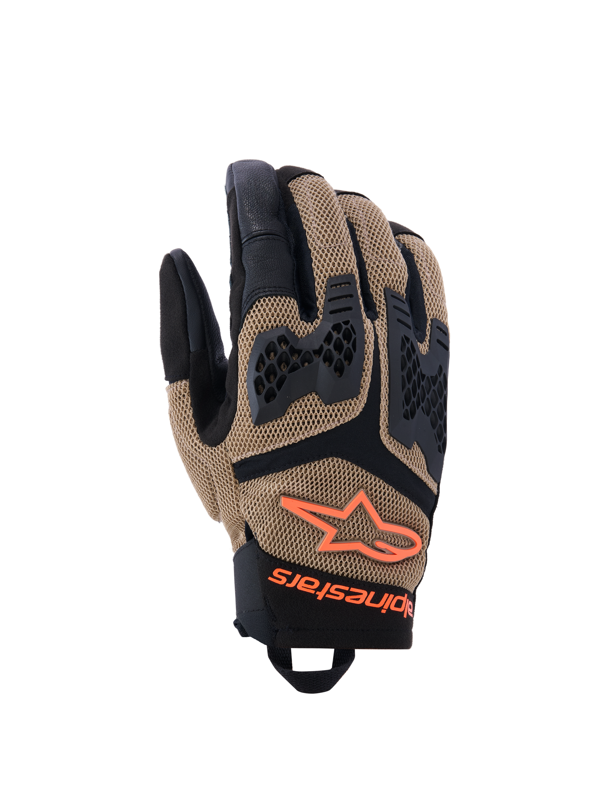 Alpinestars Manti Air Gloves, guanti da motocross, nero e marrone, tessuto mesh traspirante con inserti imbottiti, grip esagonali sulle dita, logo arancione, chiusura in velcro, protezione e flessibilità