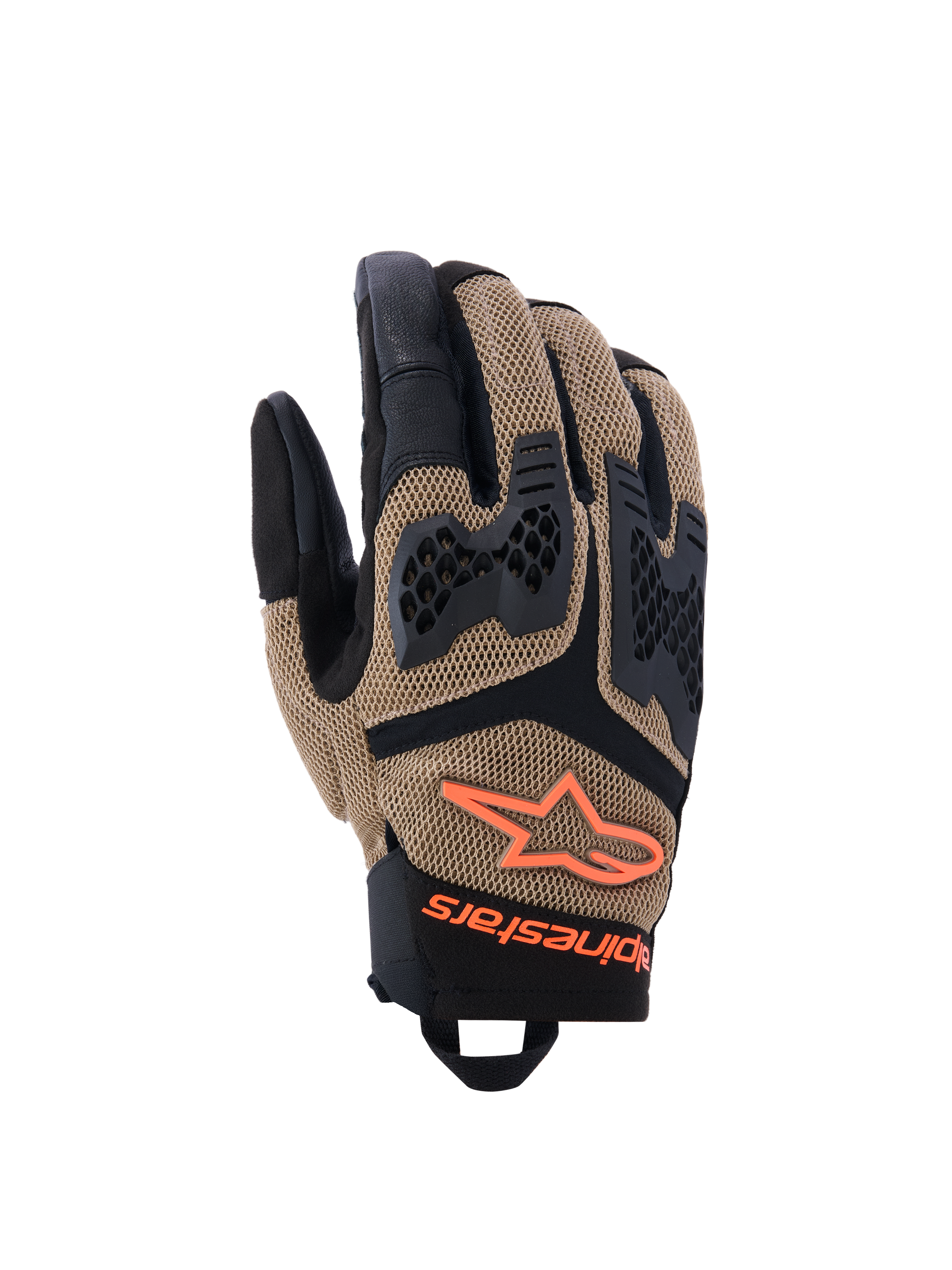Guanti Alpinestars Manti Air, guanti da moto, kaki scuro e nero con accenti arancione fluo, costruzione in mesh elasticizzato 3D, protezione nocche iniettata con design traforato, logo a stella arancione e chiusura sicura sul polso, progettati per l'adventure estivo e la guida su strada