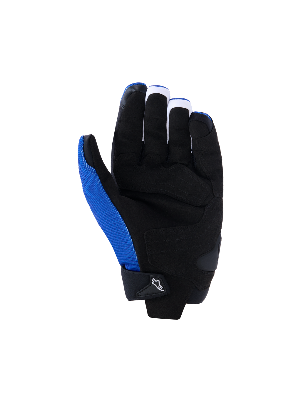 Guanti Alpinestars FQ20 SP X 1, guanti da moto, blu, nero e rosso fluo, vista del palmo con costruzione in pelle sintetica nera, pannelli di presa e zone d'impatto rinforzati, tessuto blu sul lato del pollice, design sportivo racing elegante