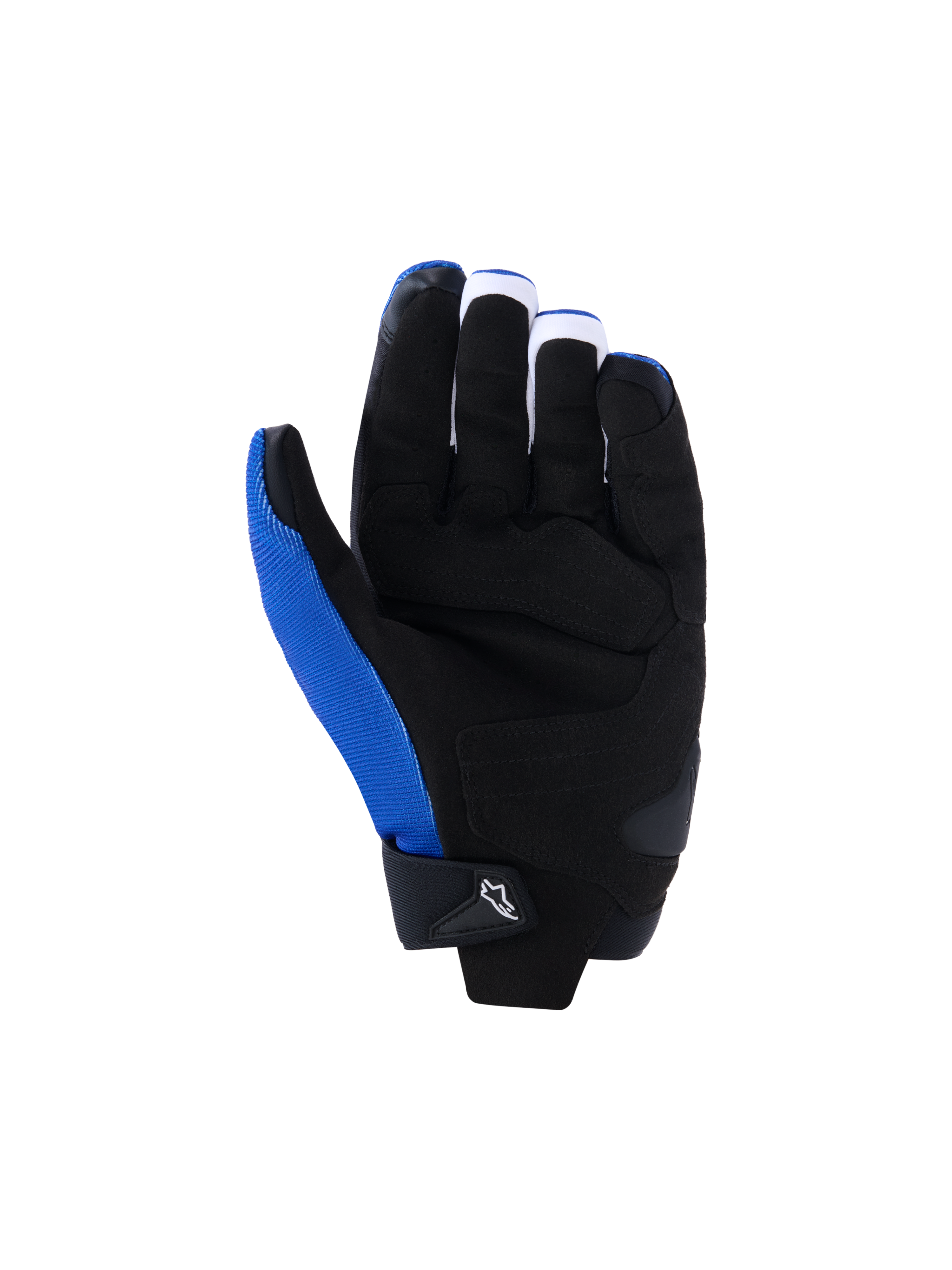 Guanti Alpinestars FQ20 SP X 1, guanti da moto, blu, nero e rosso fluo, vista del palmo con costruzione in pelle sintetica nera, pannelli di presa e zone d'impatto rinforzati, tessuto blu sul lato del pollice, design sportivo racing elegante