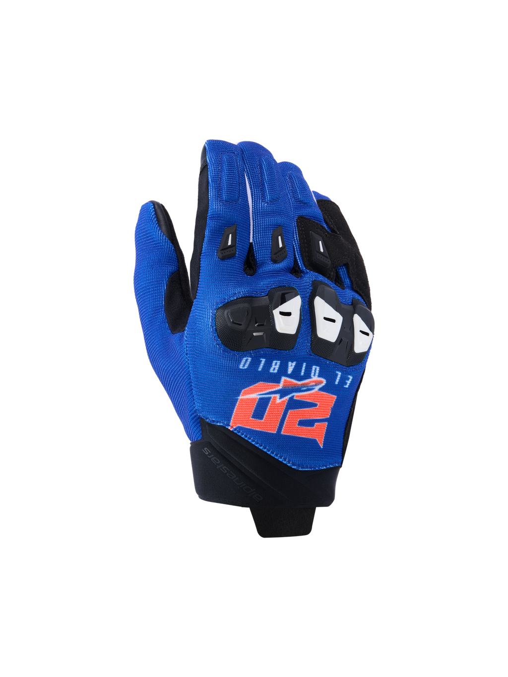 Guanti Alpinestars FQ20 SP X 1, guanti da moto sportivi, blu, nero e rosso fluo, con loghi El Diablo e 20 sul dorso, parte superiore in mesh tessile con protezione delle nocche nera, design aerodinamico per corse e guida sportiva