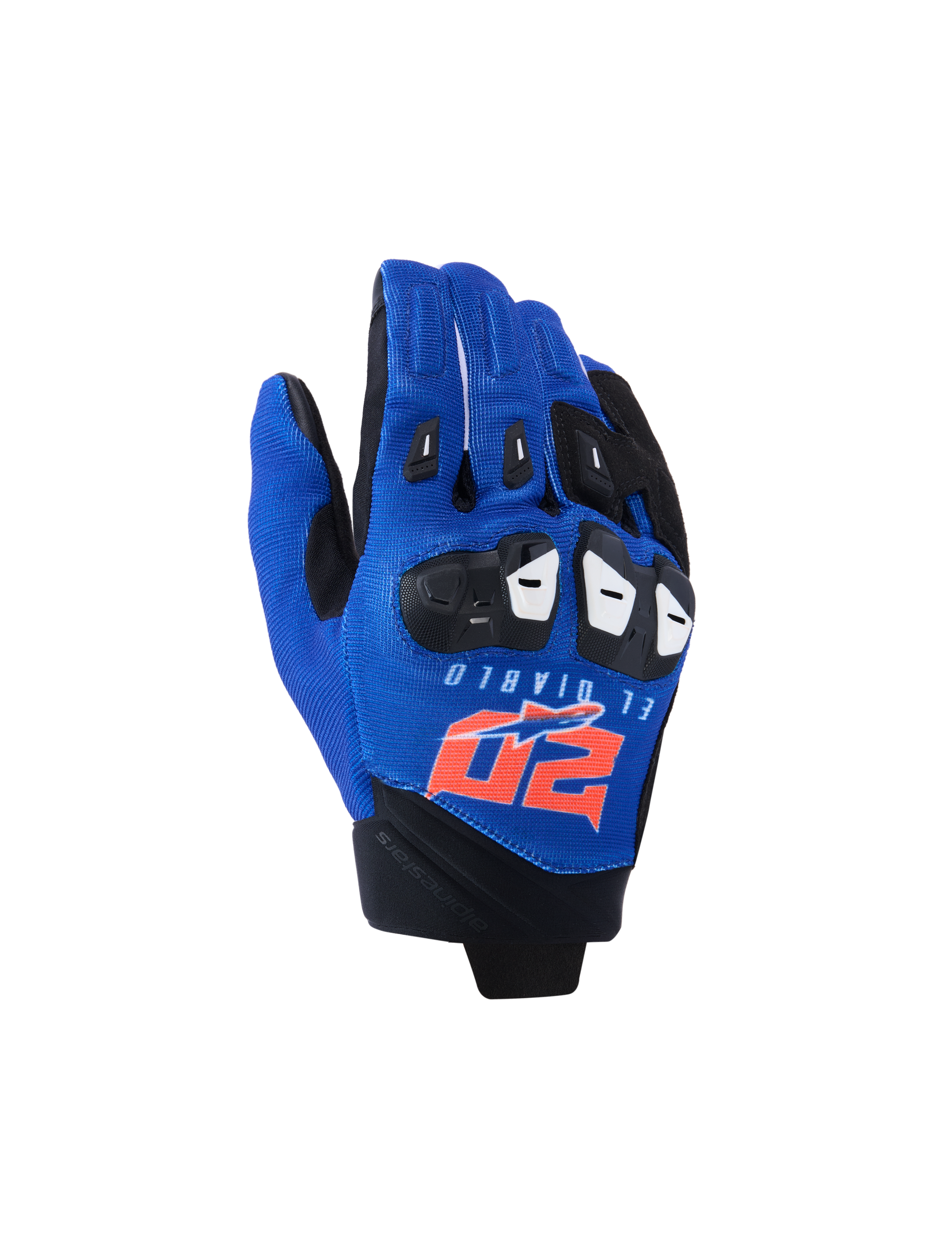 Guanti Alpinestars FQ20 SP X 1, guanti da moto sportivi, blu, nero e rosso fluo, con loghi El Diablo e 20 sul dorso, parte superiore in mesh tessile con protezione delle nocche nera, design aerodinamico per corse e guida sportiva