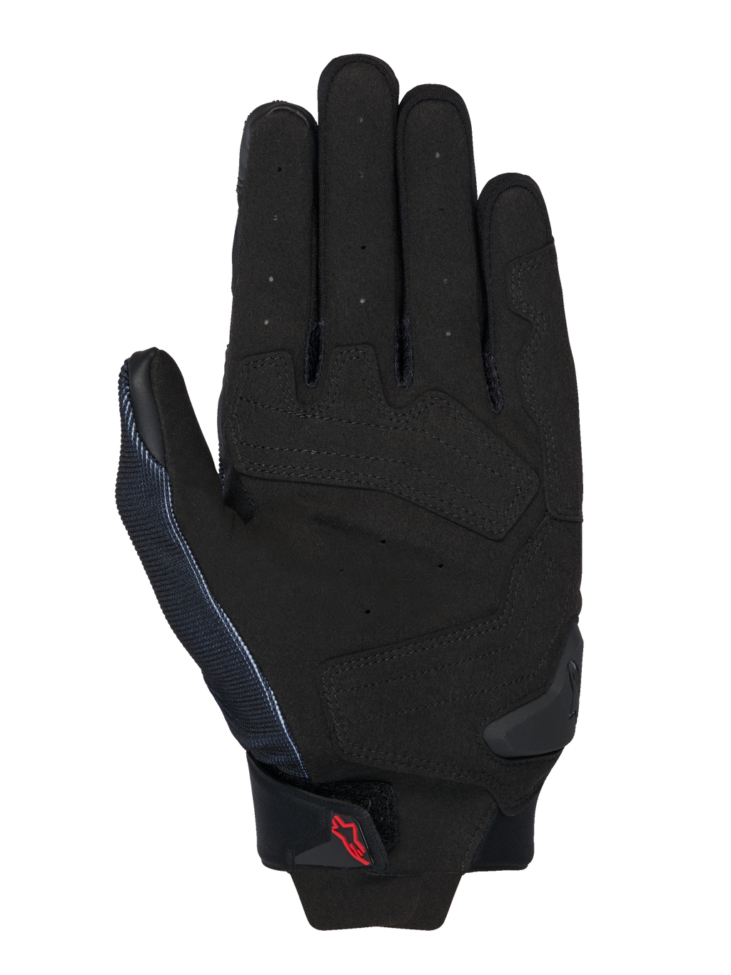 Guanti Alpinestars MM93 Spx 1, nero, vista del palmo con costruzione in pelle sintetica e zone d'impatto rinforzate, dita traforate per la ventilazione, slider del palmo in TPR e piccolo logo Alpinestars rosso sul cinturino del polso.