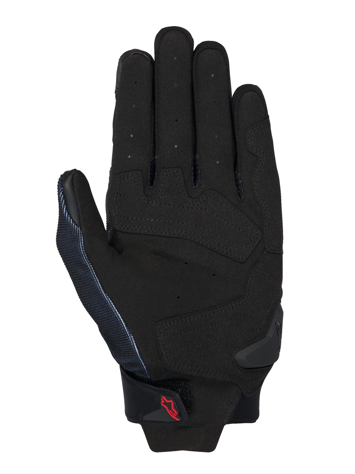Guanti Alpinestars MM93 Spx 1, nero, vista del palmo con costruzione in pelle sintetica e zone d'impatto rinforzate, dita traforate per la ventilazione, slider del palmo in TPR e piccolo logo Alpinestars rosso sul cinturino del polso.