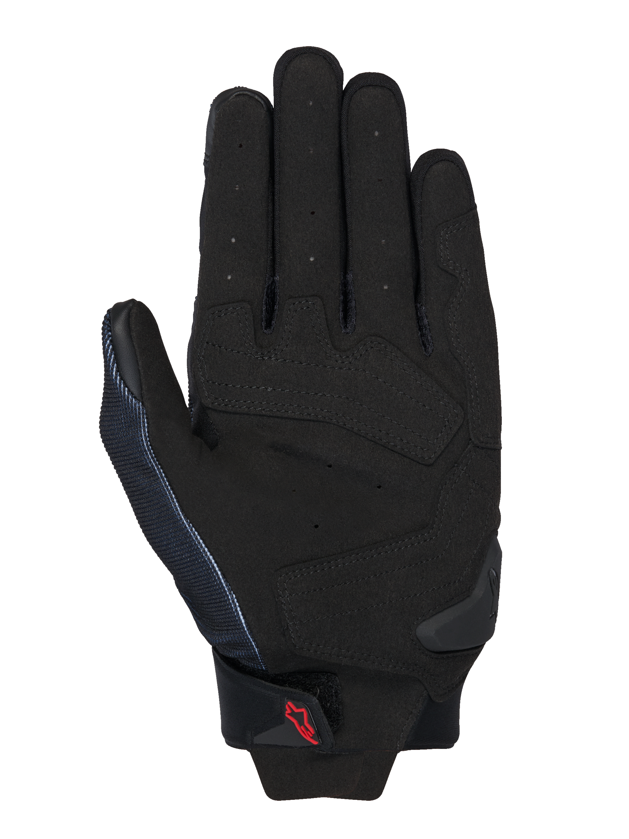 Guanti Alpinestars MM93 Spx 1, nero, vista del palmo con costruzione in pelle sintetica e zone d'impatto rinforzate, dita traforate per la ventilazione, slider del palmo in TPR e piccolo logo Alpinestars rosso sul cinturino del polso.