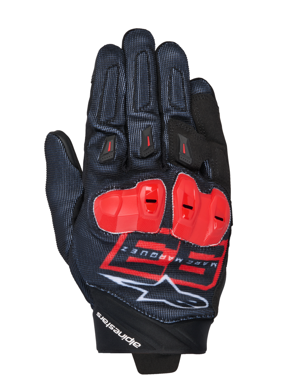 Guanti Alpinestars MM93 Spx 1, guanti da moto racing, neri con dettagli rosso acceso e bianchi, protezioni nocche rosse, con logo Marc Marquez 93 e marchio Alpinestars, tessuto testurizzato dal design sportivo