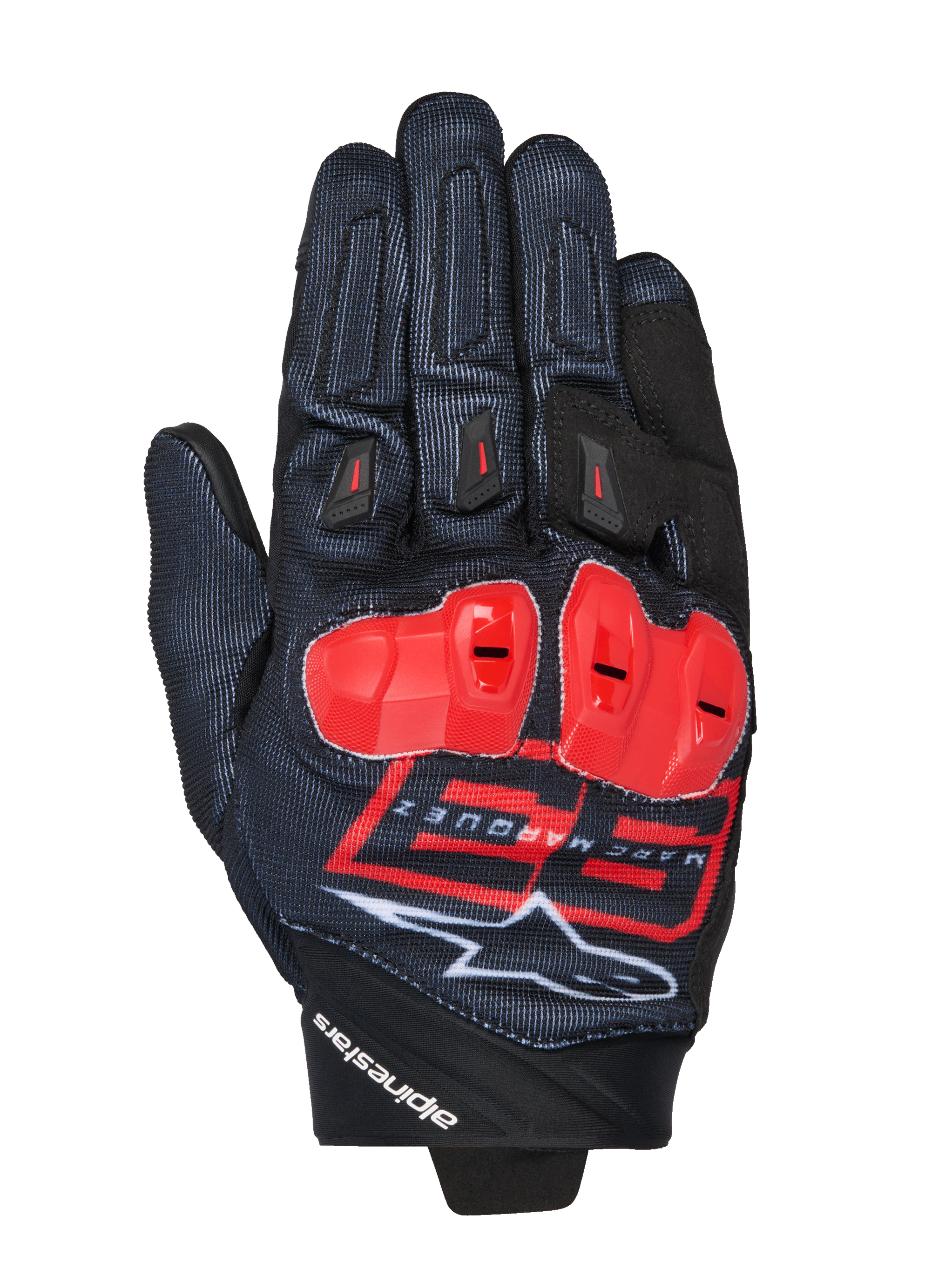 Guanti Alpinestars MM93 Spx 1, guanti da moto racing, neri con dettagli rosso acceso e bianchi, protezioni nocche rosse, con logo Marc Marquez 93 e marchio Alpinestars, tessuto testurizzato dal design sportivo