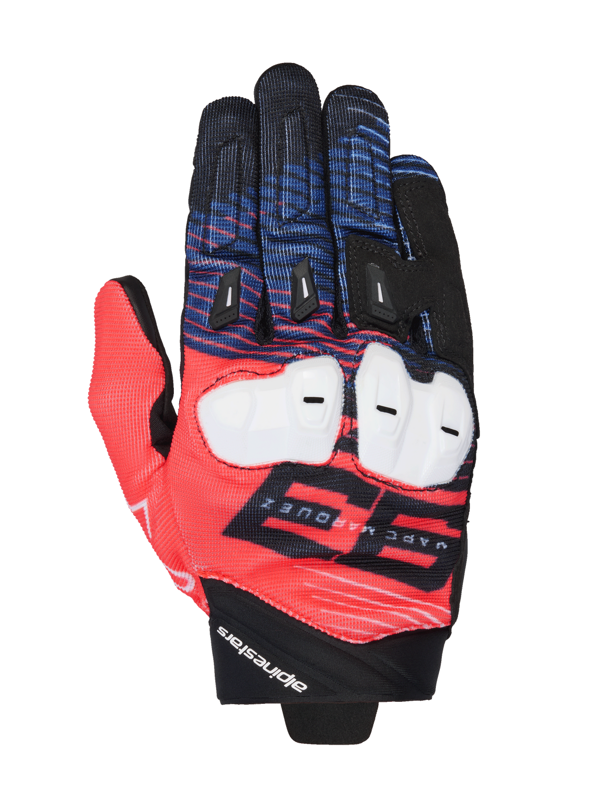 Guanti Alpinestars MM93 Spx 1, guanti da moto racing, rosso, blu e nero, con protezione bianca sulle nocche, grafica 93 Marc Marquez in evidenza, tessuto testurizzato con slider neri sulle dita, design sportivo racing con marchio Alpinestars sul polso