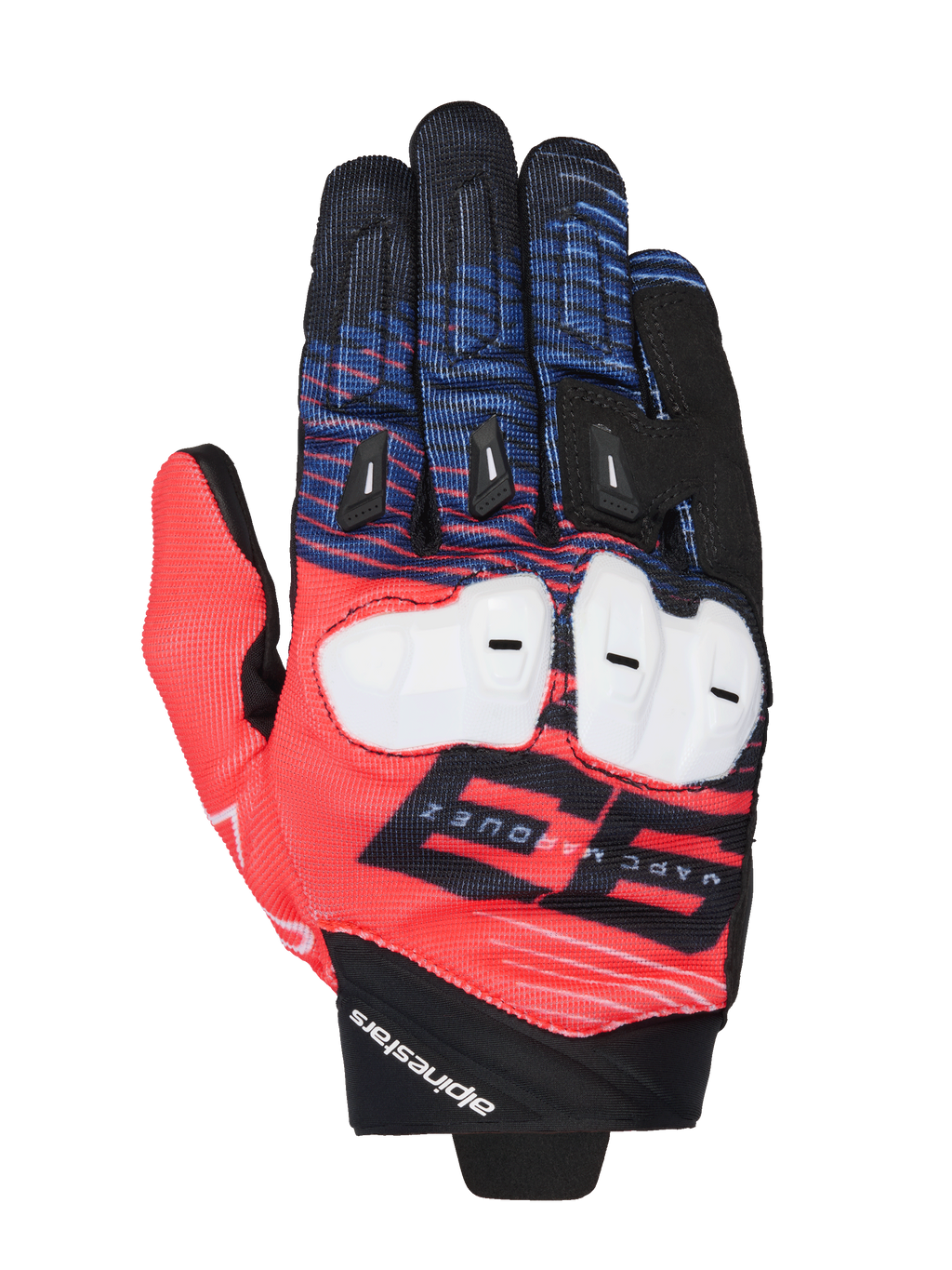 Guanti Alpinestars MM93 Spx 1, guanti da moto racing, rosso, blu e nero, con protezione bianca sulle nocche, grafica 93 Marc Marquez in evidenza, tessuto testurizzato con slider neri sulle dita, design sportivo racing con marchio Alpinestars sul polso