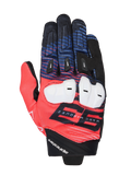 Guanti Alpinestars MM93 Spx 1, guanti da moto racing, rosso, blu e nero, con protezione bianca sulle nocche, grafica 93 Marc Marquez in evidenza, tessuto testurizzato con slider neri sulle dita, design sportivo racing con marchio Alpinestars sul polso