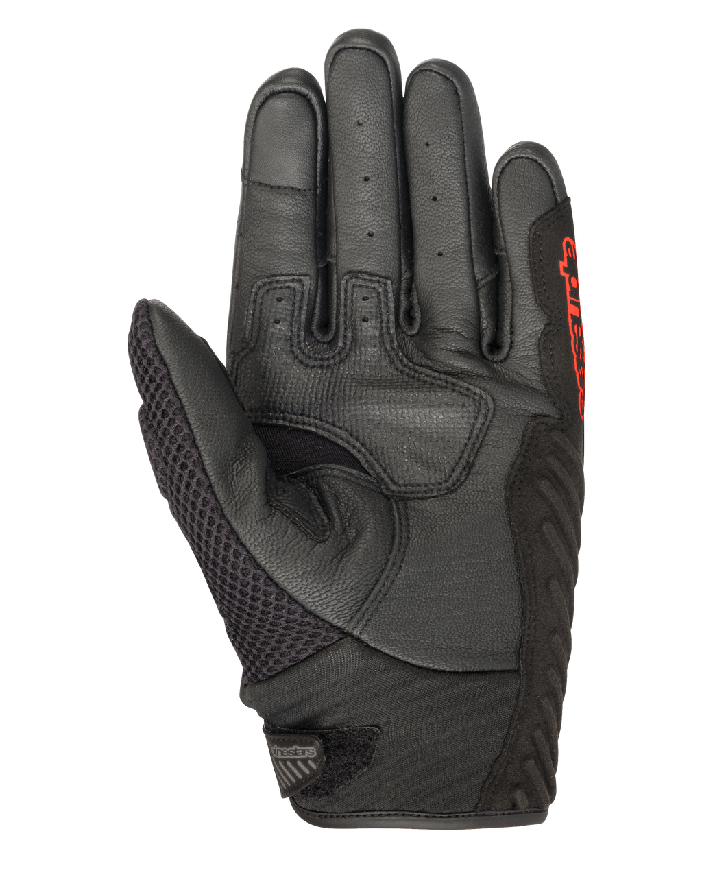 Guanti Alpinestars SMX-1 Air V2, nero e rosso fluo, vista del palmo con pelle traforata, pannello del pollice in mesh, zone di presa rinforzate e marchio rosso, progettati per la guida motociclistica stradale estiva
