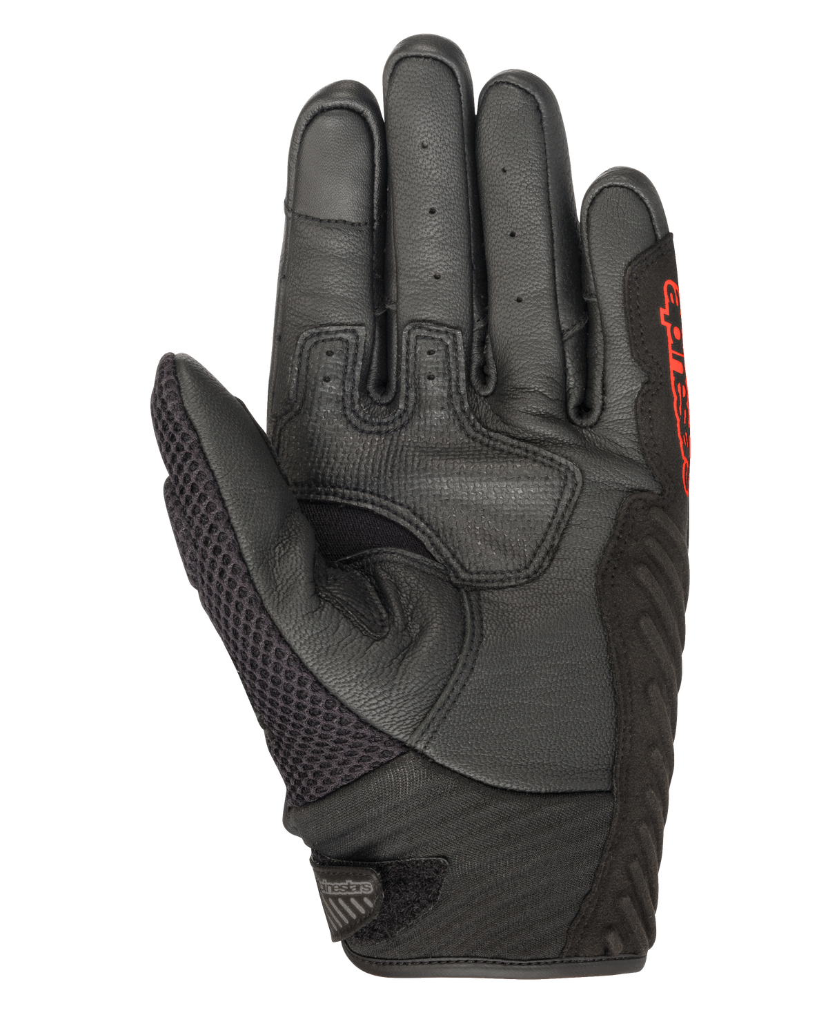 Guanti Alpinestars SMX-1 Air V2, nero e rosso fluo, vista del palmo con pelle traforata, pannello del pollice in mesh, zone di presa rinforzate e marchio rosso, progettati per la guida motociclistica stradale estiva