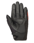 Guanti Alpinestars SMX-1 Air V2, nero e rosso fluo, vista del palmo con pelle traforata, pannello del pollice in mesh, zone di presa rinforzate e marchio rosso, progettati per la guida motociclistica stradale estiva