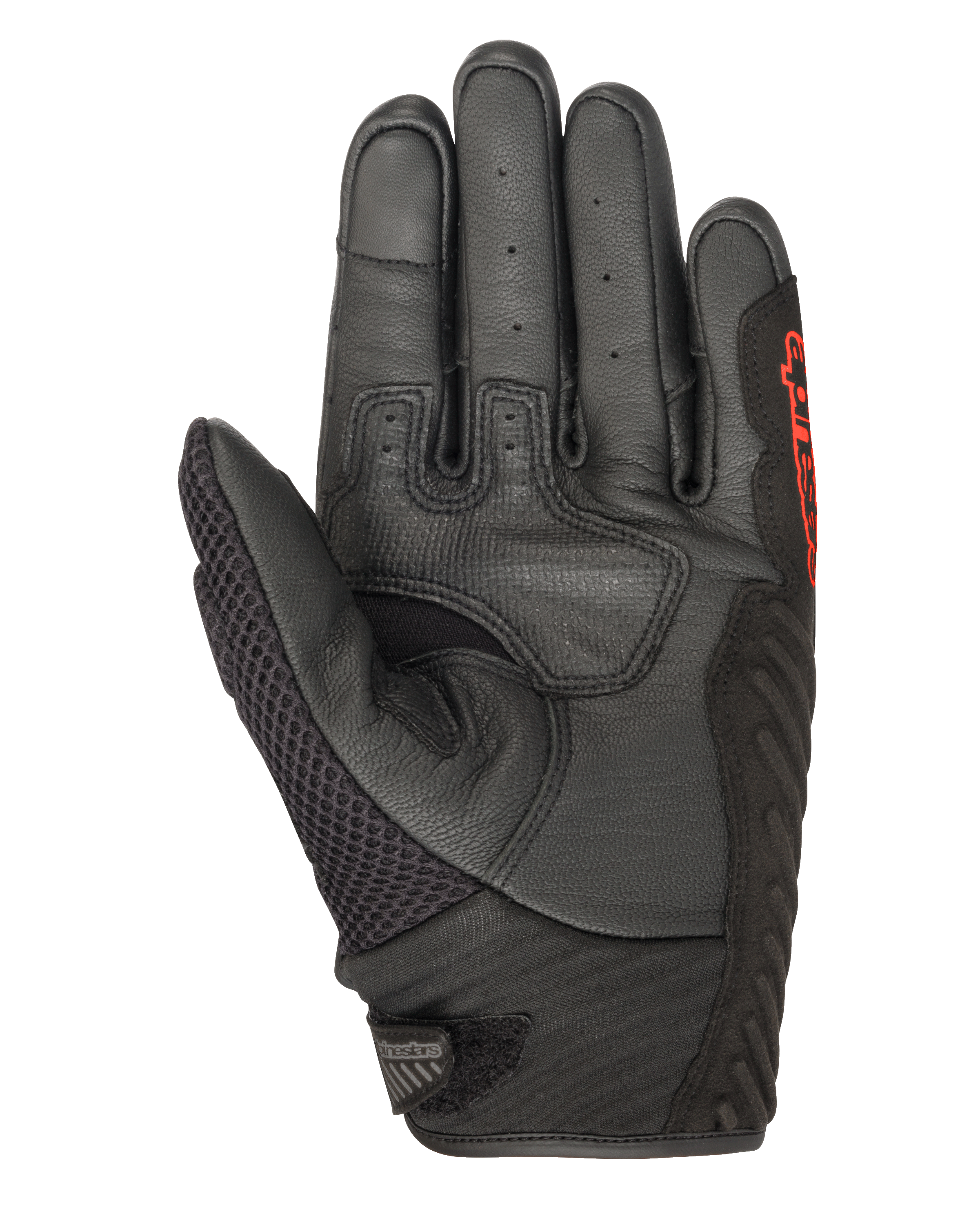 Guanti Alpinestars SMX-1 Air V2, nero e rosso fluo, vista del palmo con pelle traforata, pannello del pollice in mesh, zone di presa rinforzate e marchio rosso, progettati per la guida motociclistica stradale estiva