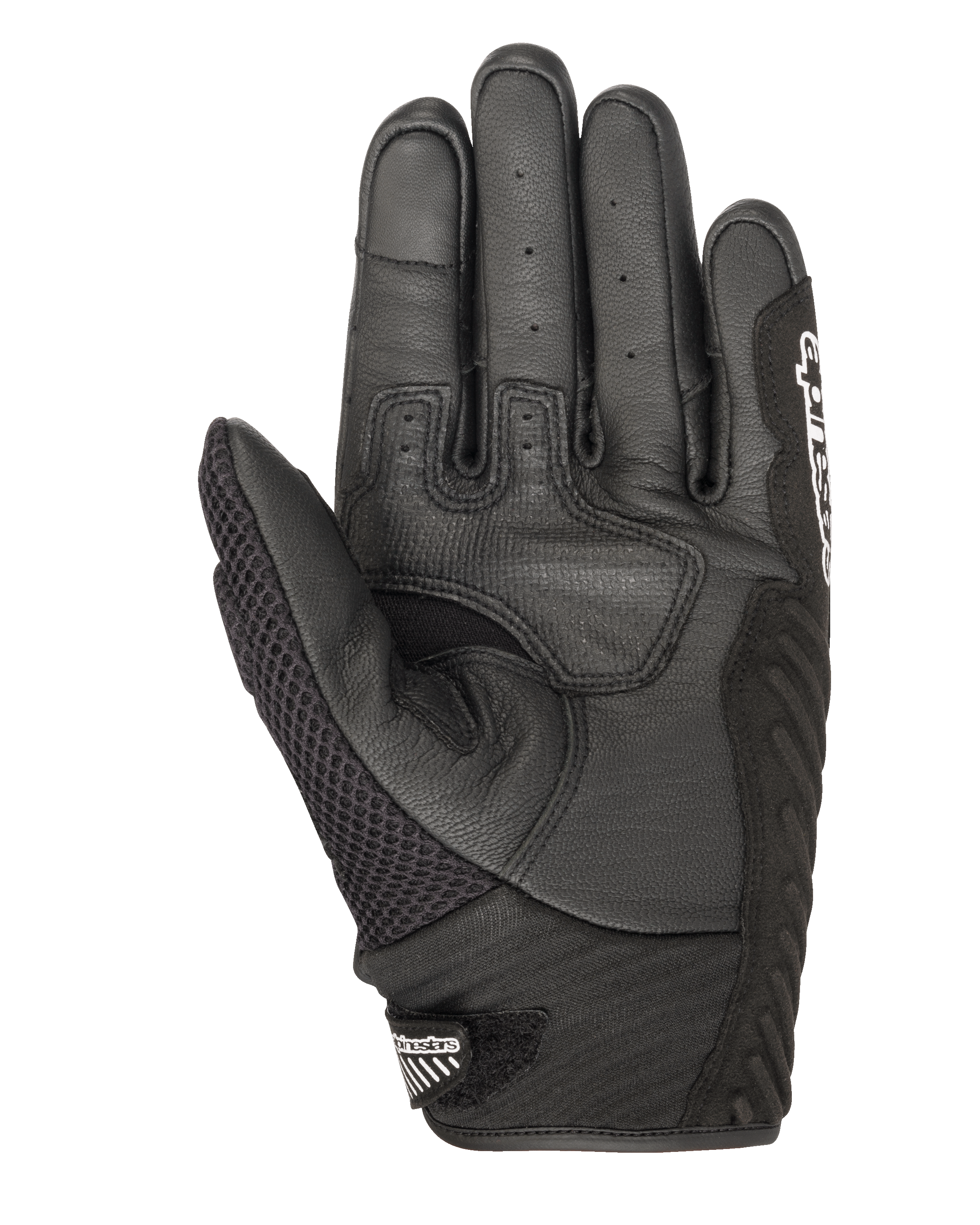 Guanti Alpinestars SMX-1 Air V2, guanti da moto, nero, vista del palmo che mostra la pelle traforata e la struttura in air-mesh, zone di presa rinforzate, polsino corto con logo Alpinestars sulla chiusura