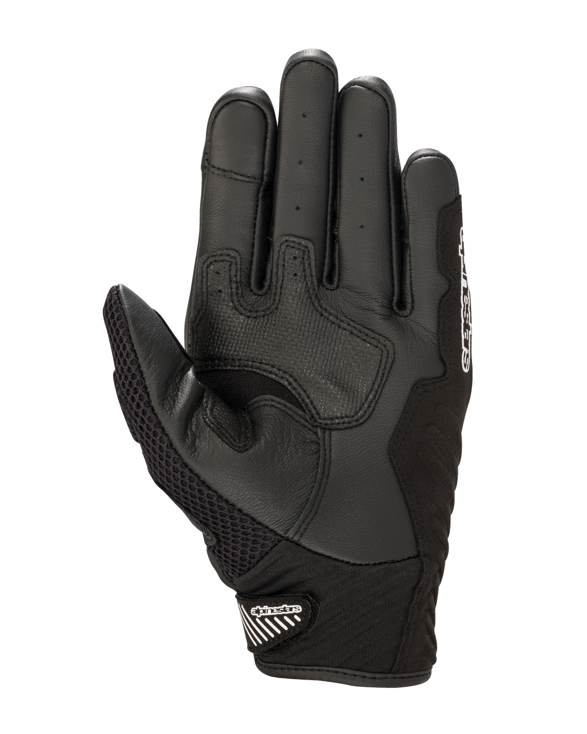 Guanti Alpinestars SMX-1 Air V2, vista del palmo, nero e bianco, con zone di grip in pelle rinforzata, area del palmo traforata per la ventilazione e polsino corto con chiusura in velcro.