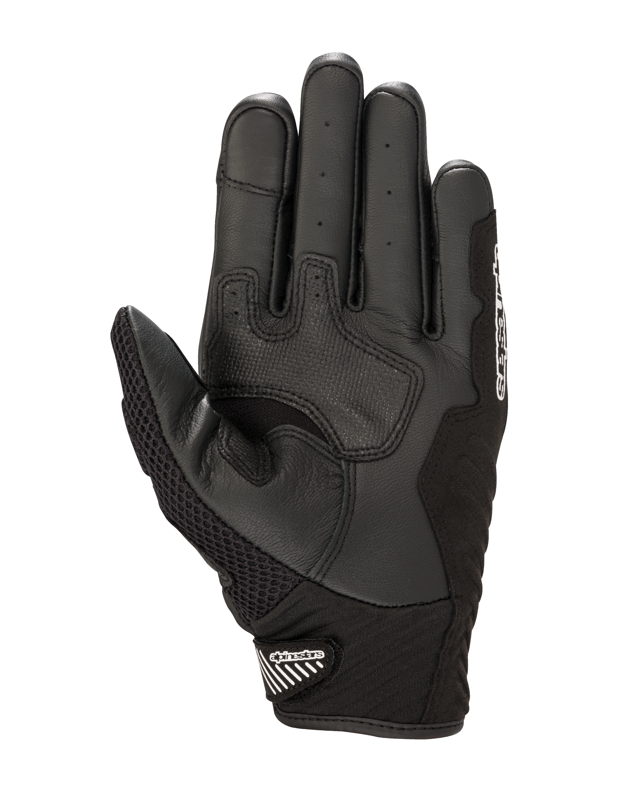 Guanti Alpinestars SMX-1 Air V2, vista del palmo, nero e bianco, con zone di grip in pelle rinforzata, area del palmo traforata per la ventilazione e polsino corto con chiusura in velcro.